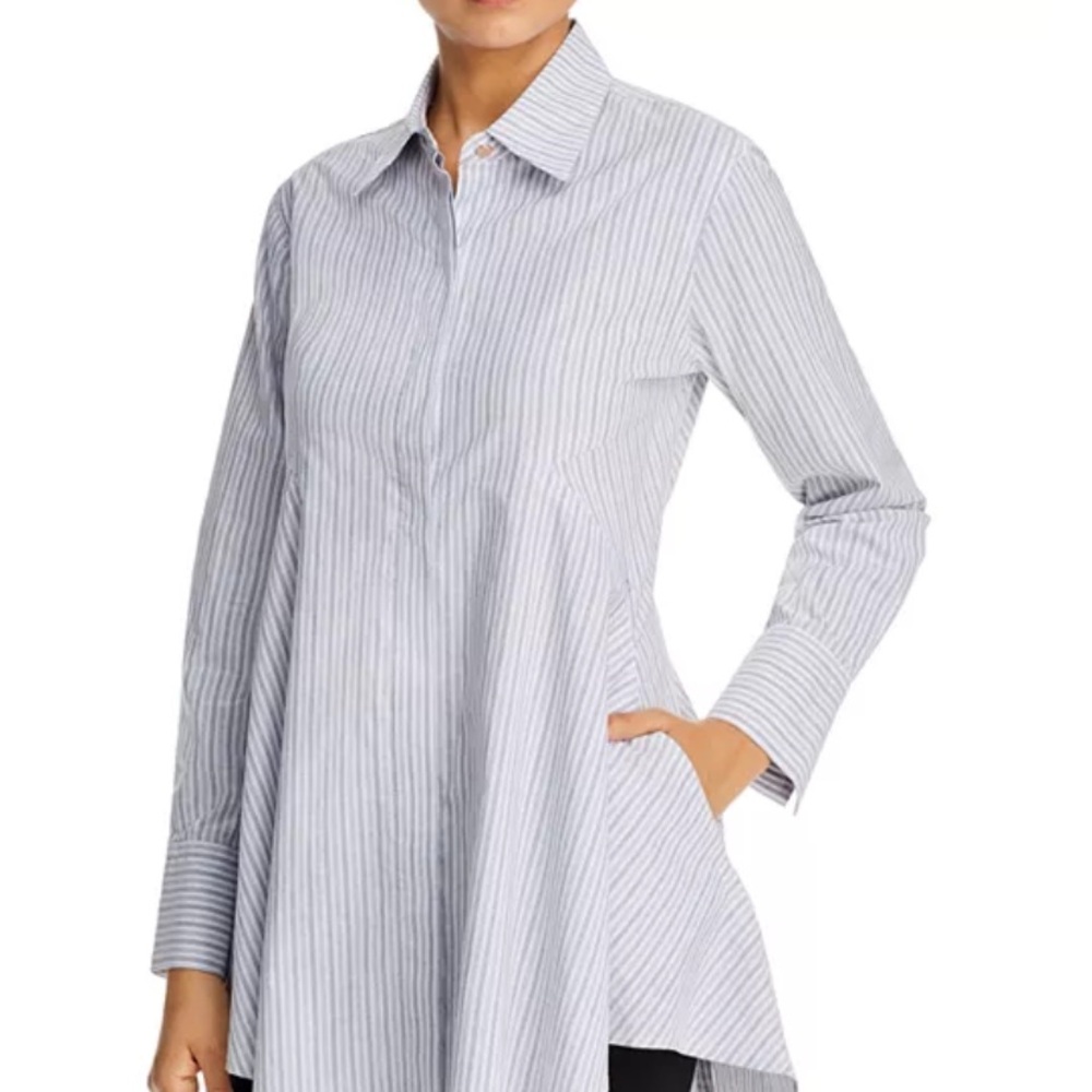 DKNY White and Light Blue Striped Button-Down Tunic Shirt